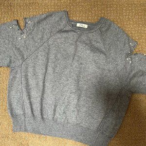 Gray cotton sweater with pearl/ jewel detailing and cut outs on arm